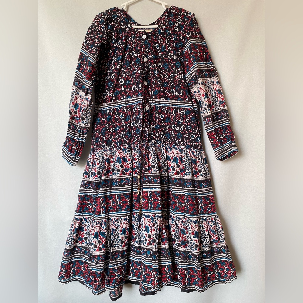Bell by Alicia Bell Cotton Print Long Sleeve Midi Dress Blue Red Girls 8 Tassels
